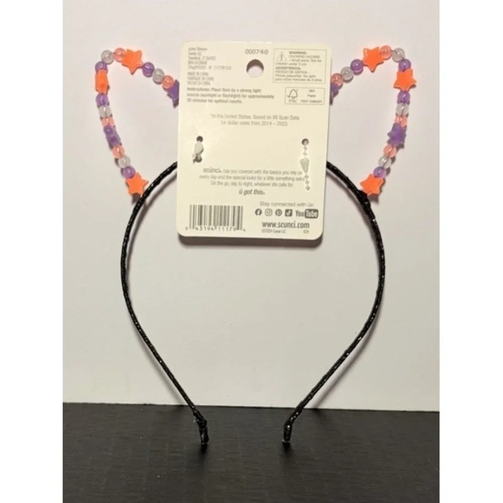 Scunci Kitty Ears Glow-in-the-Dark Black Headband Metal Stars Bead‎ 2024 NWT